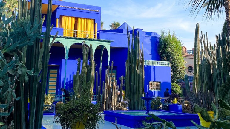 Jardin Majorelle blue villa with cacti