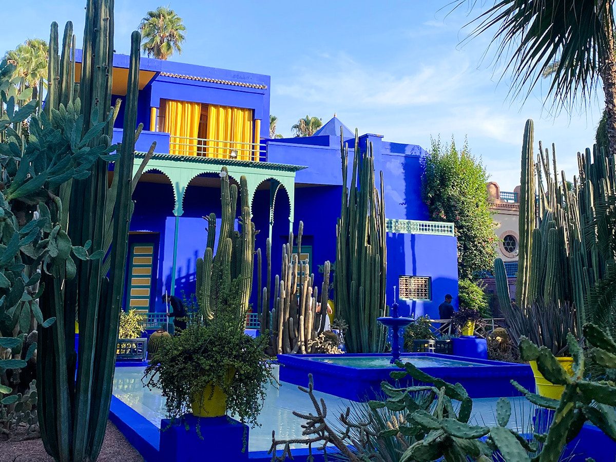Jardin Majorelle blue villa with cacti